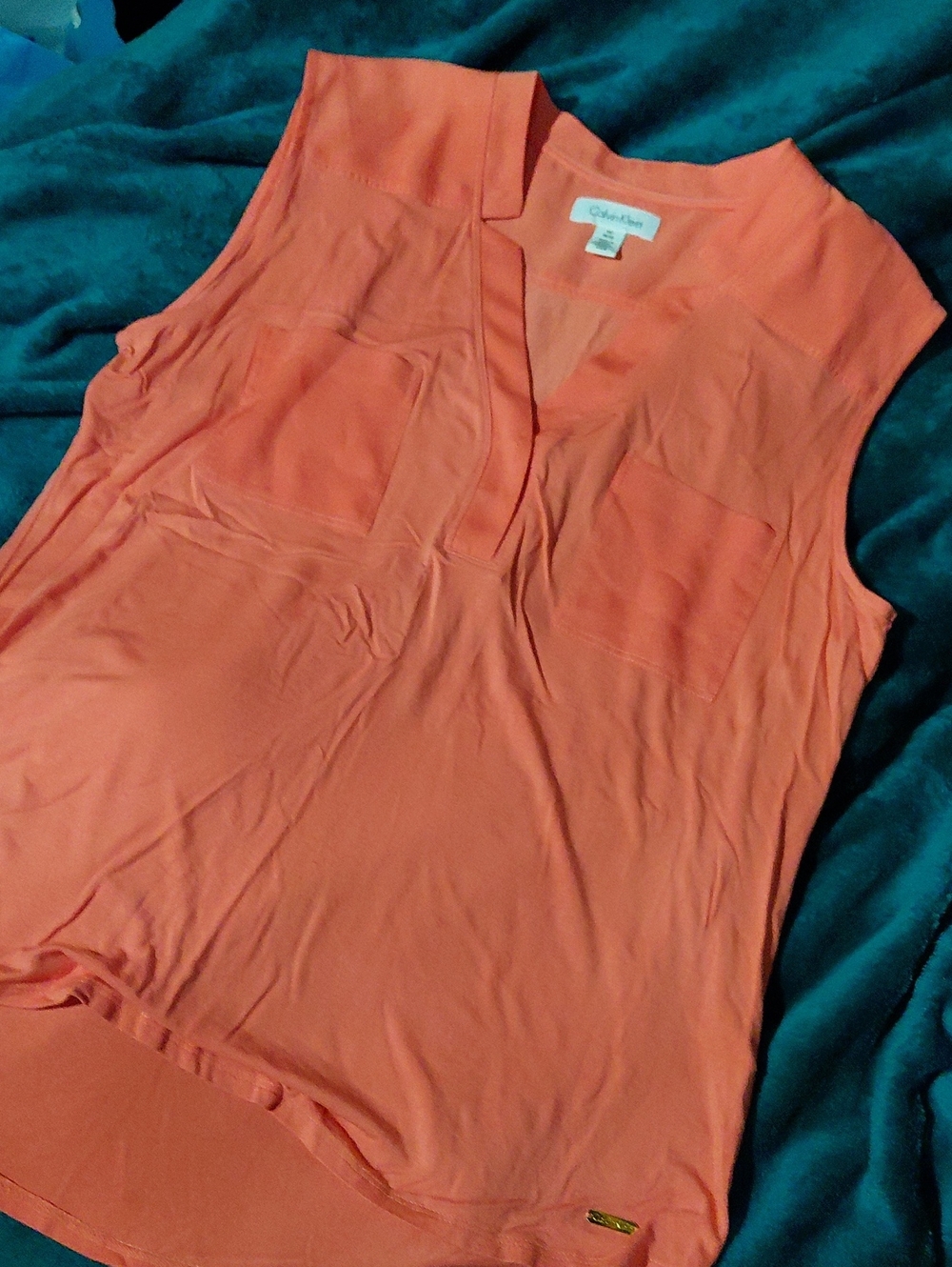 Calvin Klein Coral Sleeveless Split-Neck Pocket Tunic